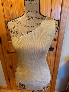bebe Vintage One-Shoulder Metallic Gold Ribbed Sweater Sz Large